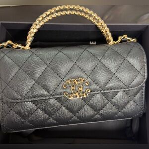 Black Quilted Chain-Handle Shoulder Bag with Gold Hardware